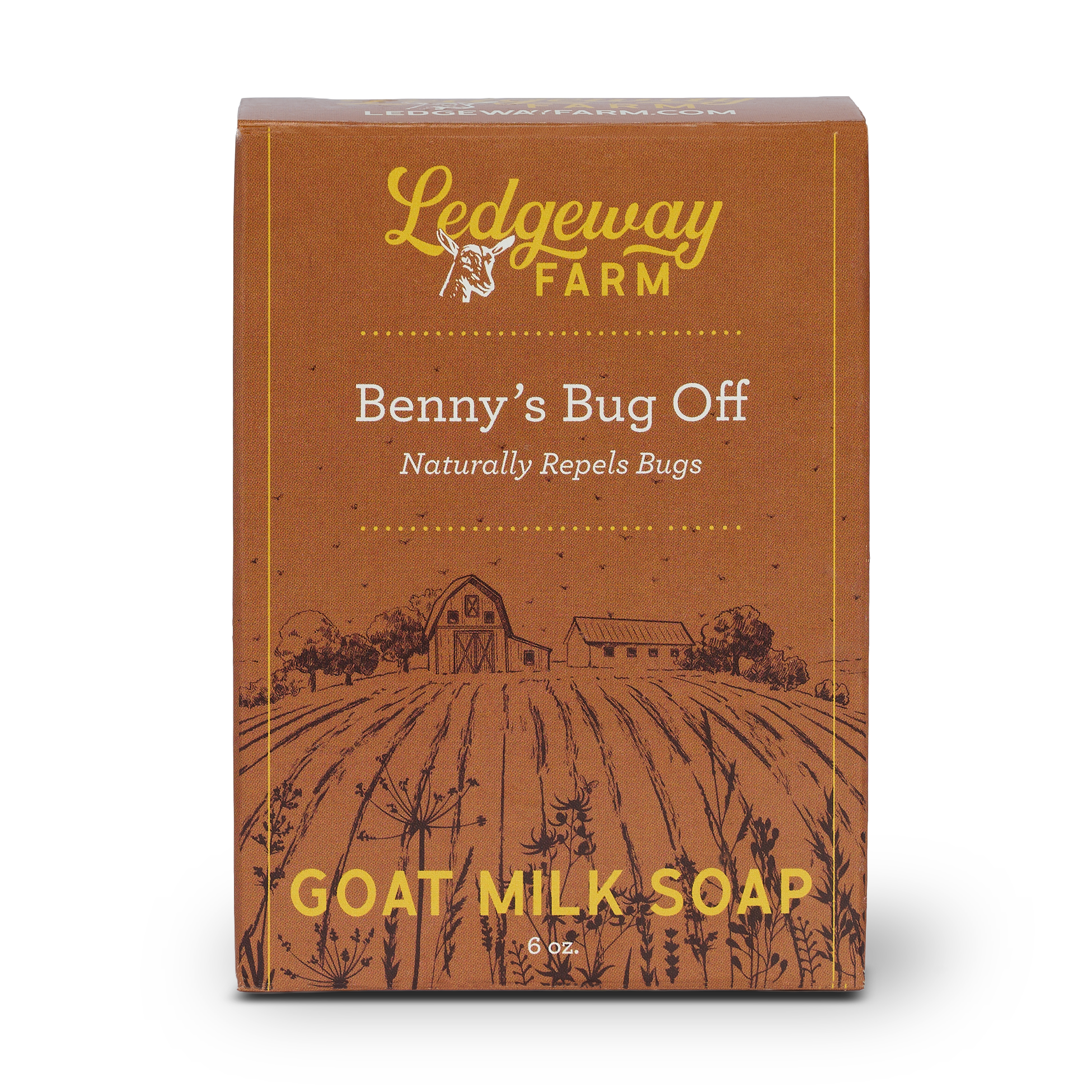Ledgeway Farm goat milk soap packaging with a rustic design on a white background