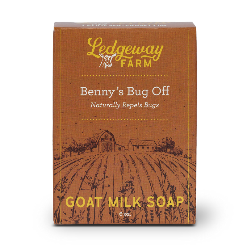 Ledgeway Farm goat milk soap packaging with a rustic design on a white background