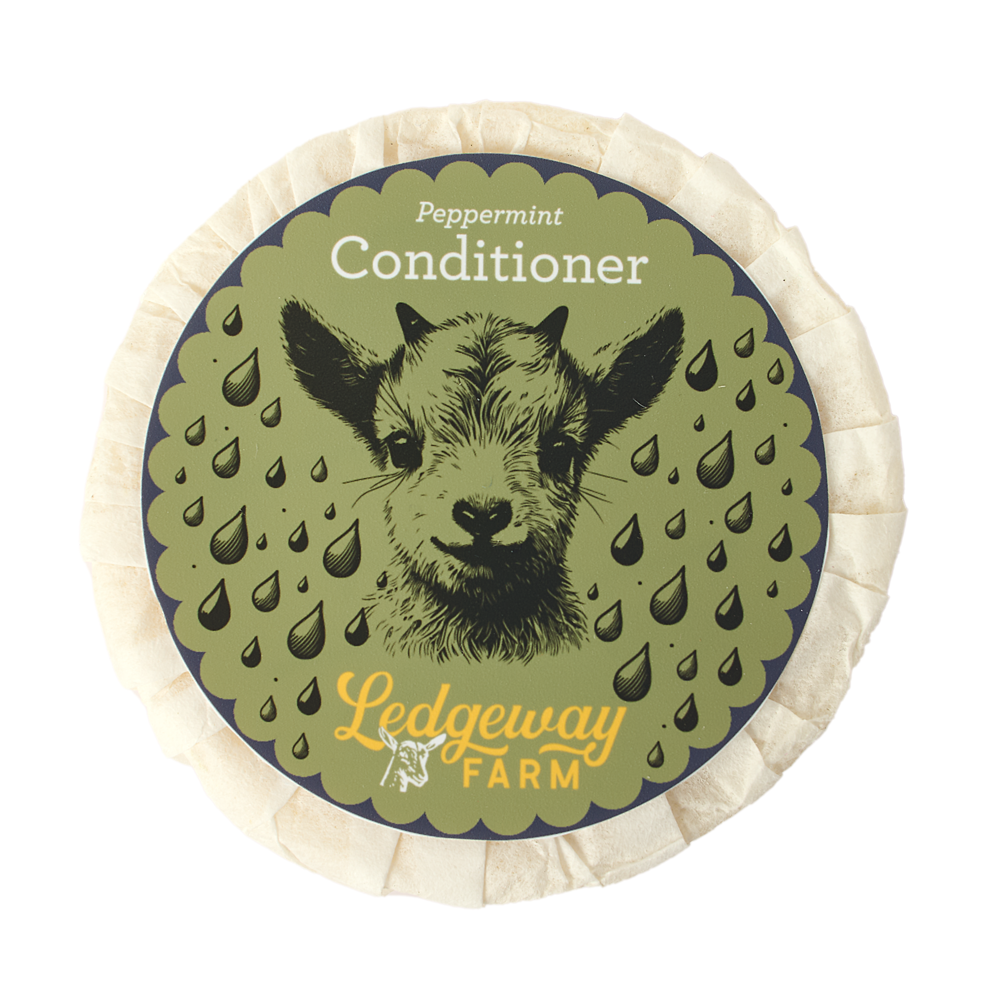 Peppermint conditioner container with a sheep illustration and 'Ledgeway Farm' branding.
