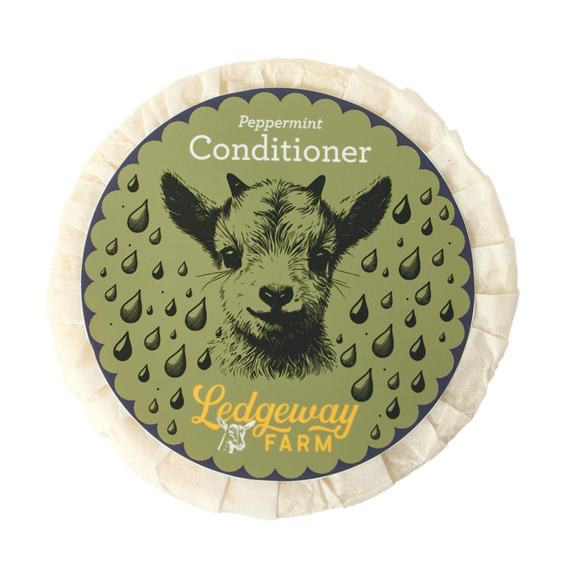 Peppermint conditioner container with a sheep illustration and 'Ledgeway Farm' branding.