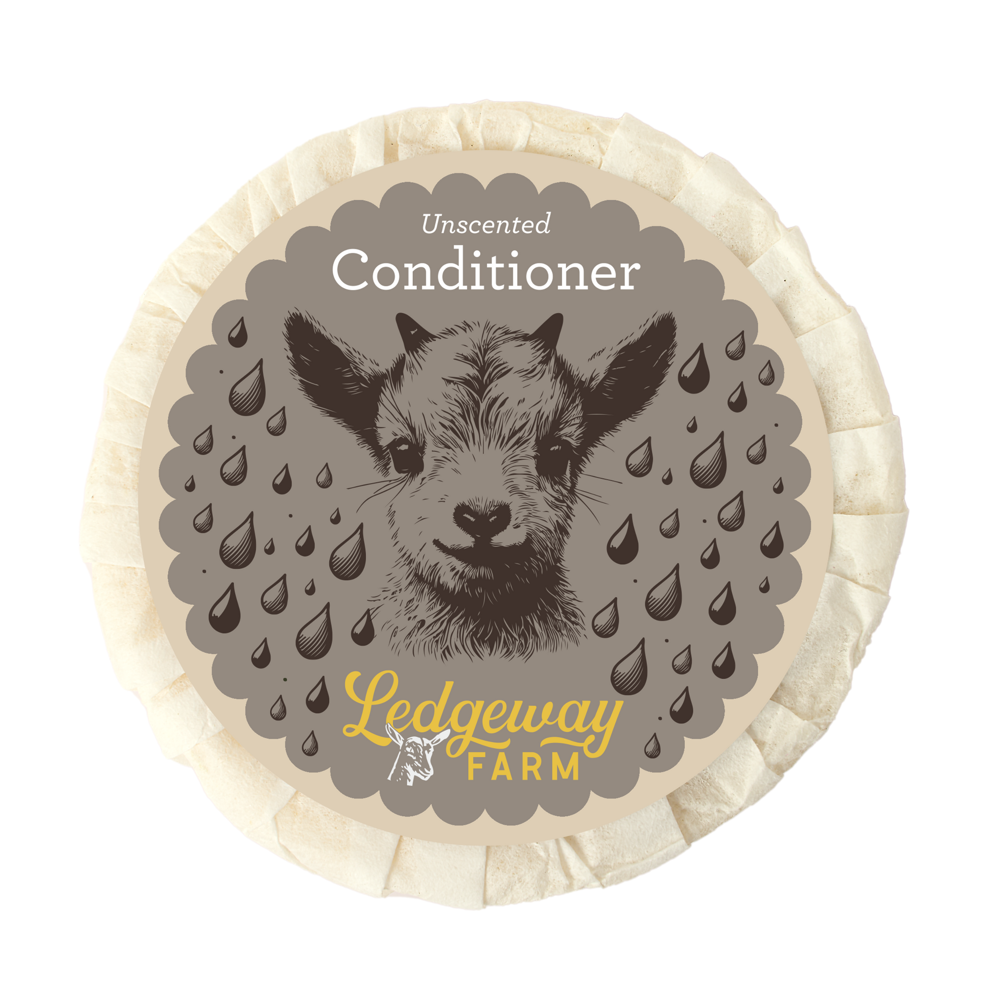 Conditioner bar with a goat illustration and 'Ledgeway Farm' branding on a beige background