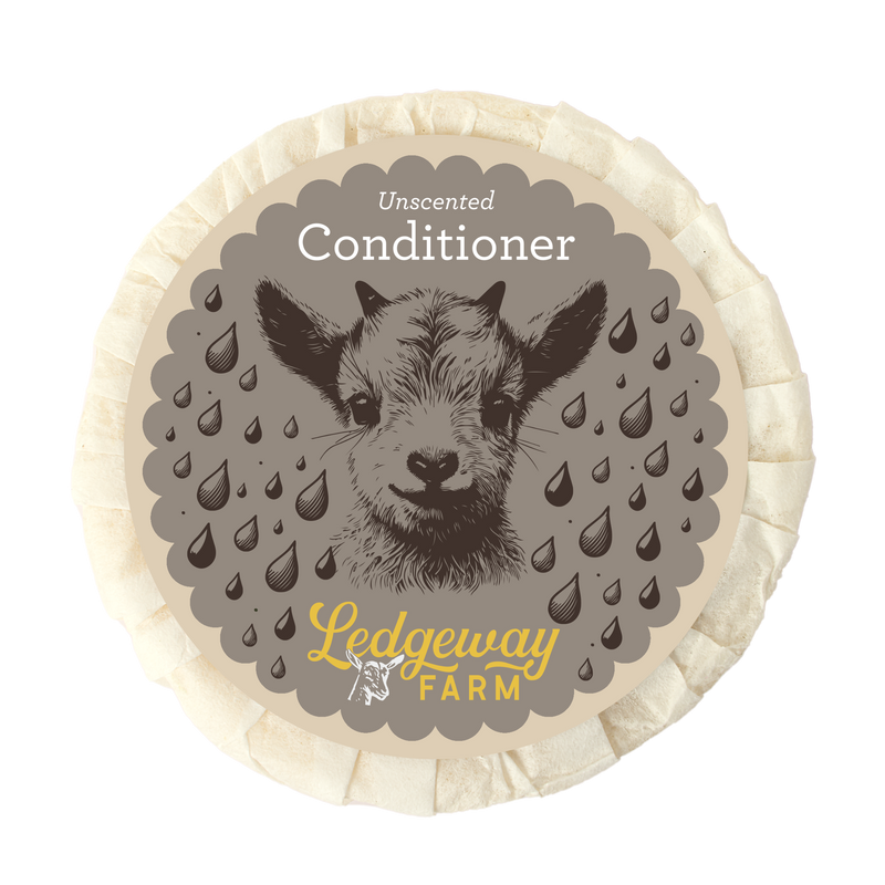 Conditioner bar with a goat illustration and 'Ledgeway Farm' branding on a beige background