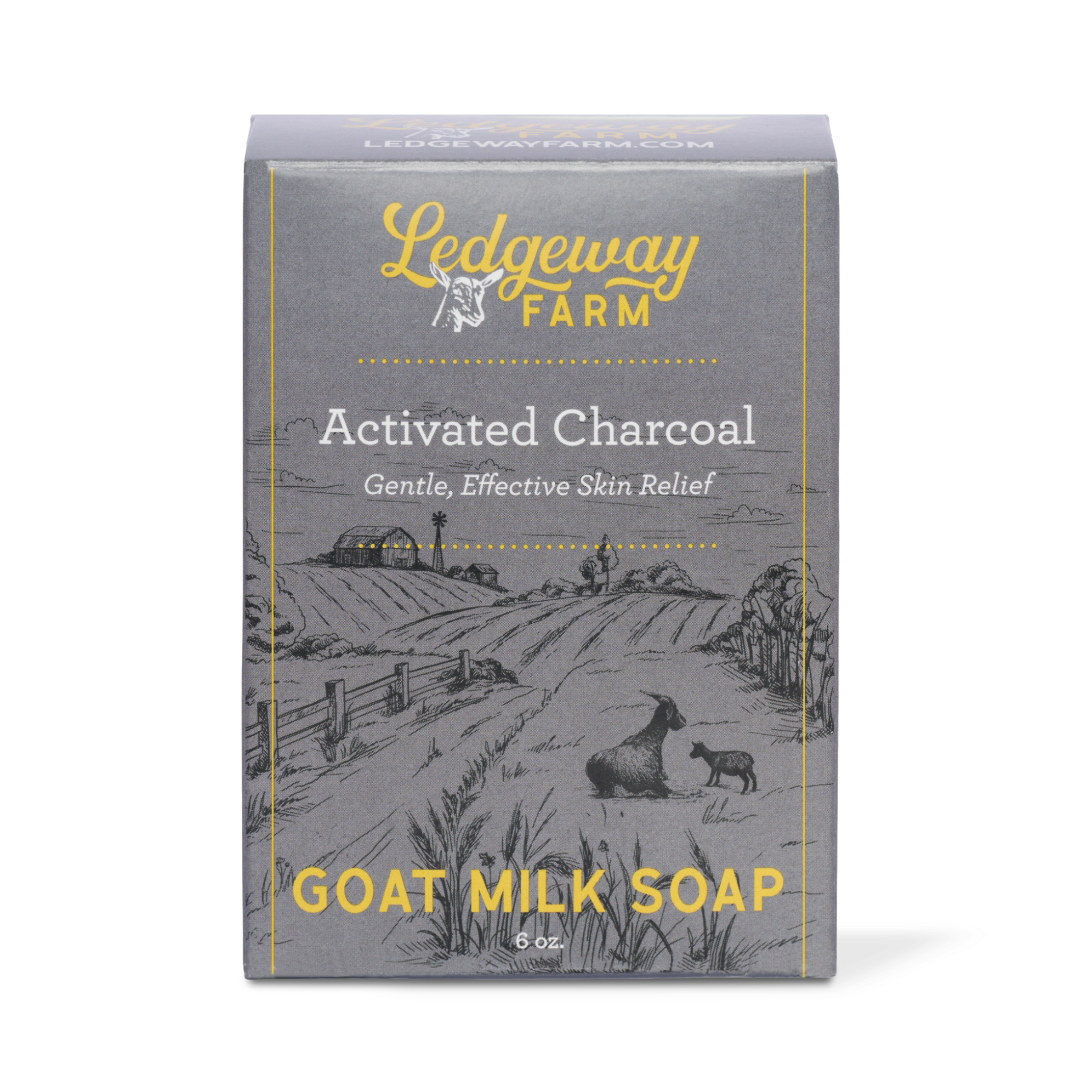 Ledgeway Farm activated charcoal goat milk soap packaging on a white background