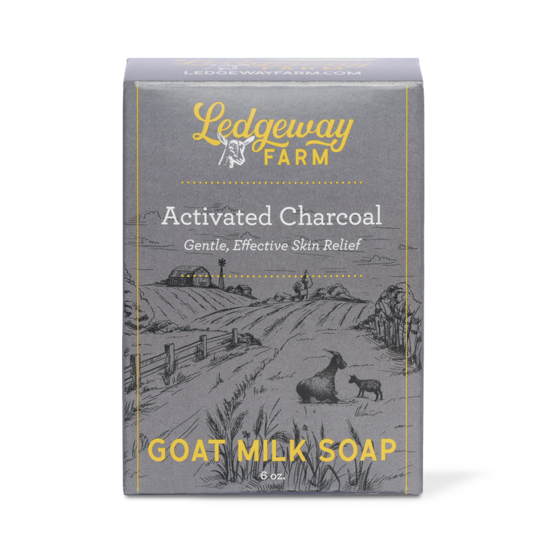 Ledgeway Farm activated charcoal goat milk soap packaging on a white background