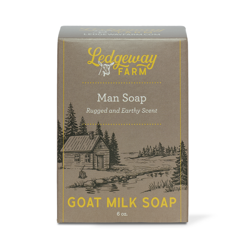 Ledgeway Farm man soap packaging with a cabin and nature illustration on a white background