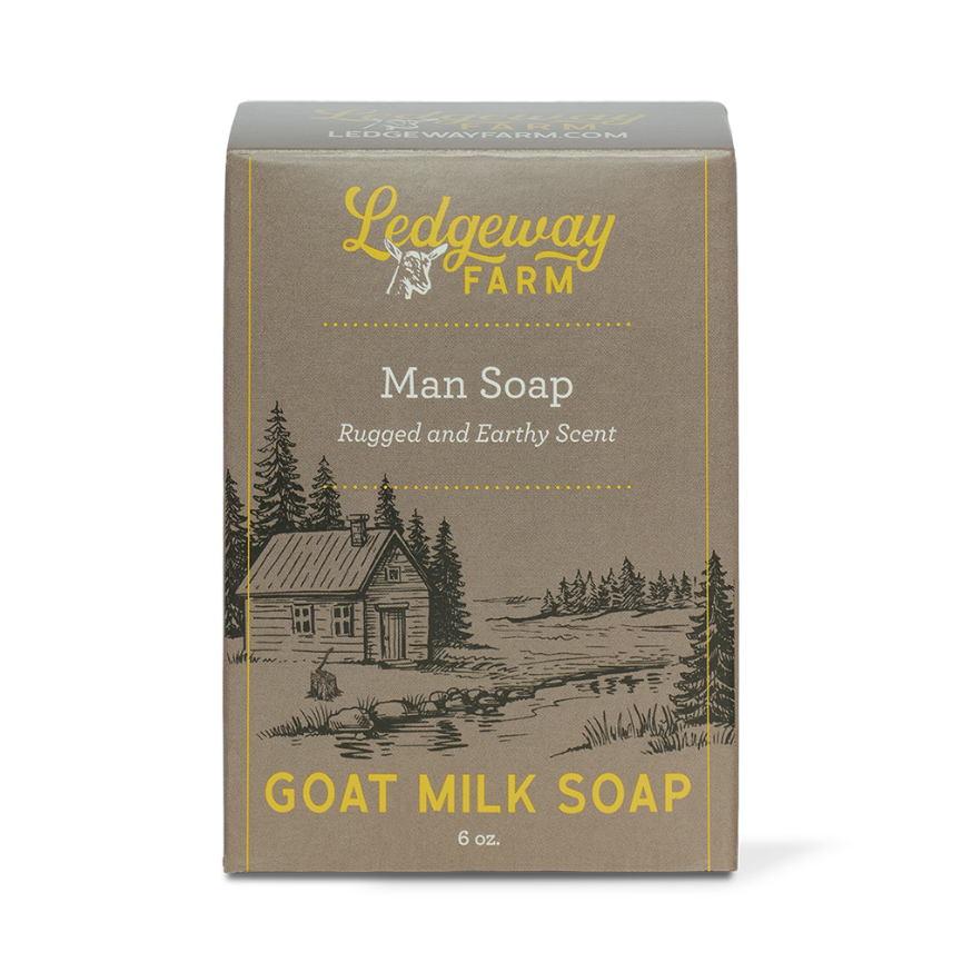 Ledgeway Farm man soap packaging with a cabin and nature illustration on a white background
