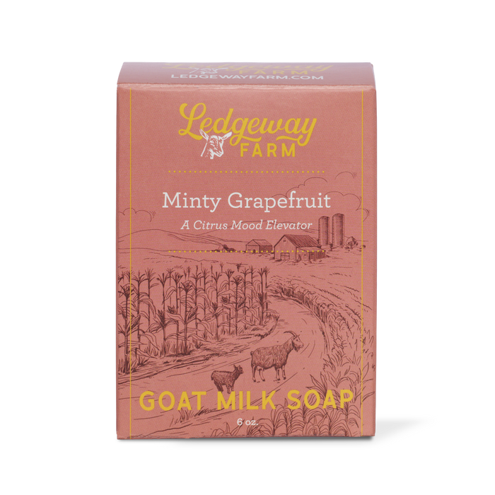 Ledgeway Farm goat milk soap packaging with 'Minty Grapefruit' description on a white background