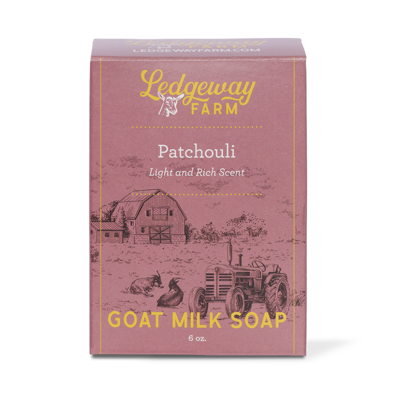 Box of Ledgeway Farm Patchouli goat milk soap on a white background