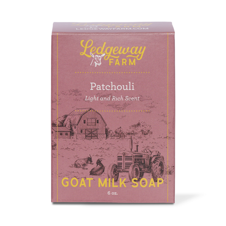 Box of Ledgeway Farm Patchouli goat milk soap on a white background