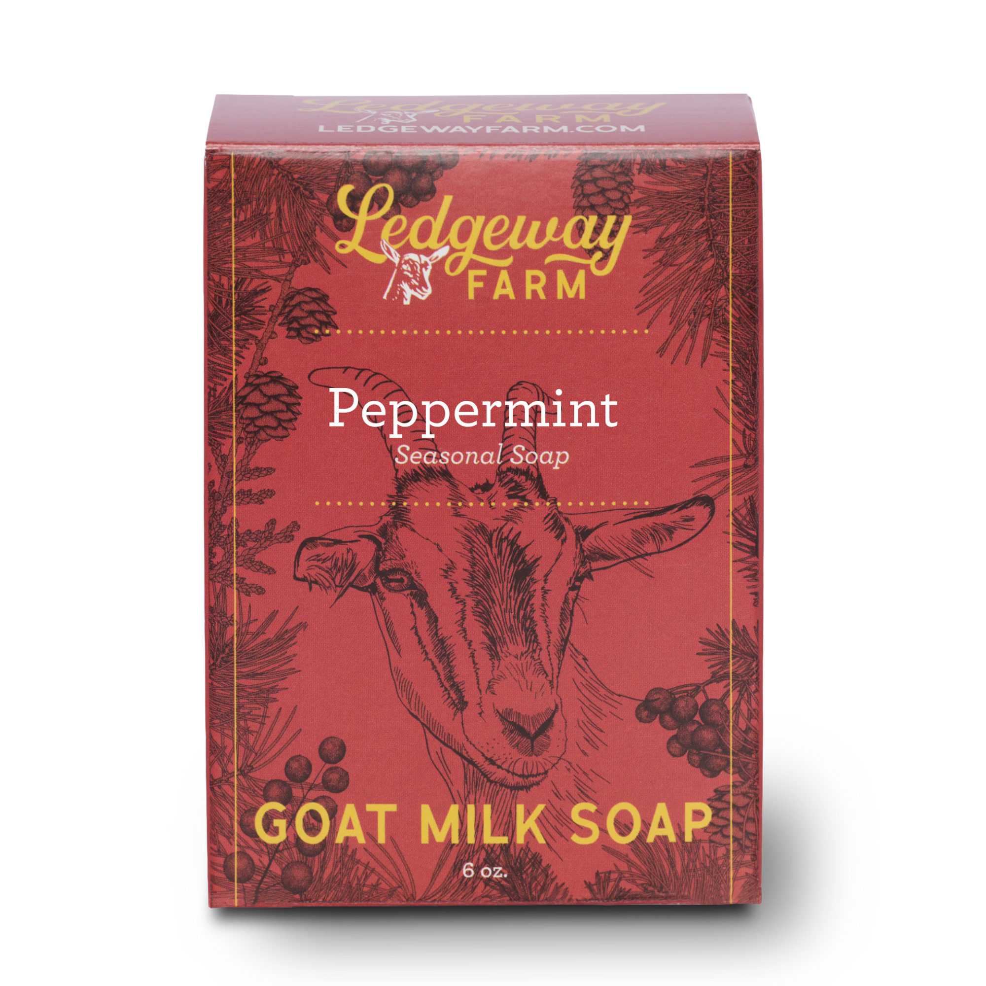 Red soap packaging with Ledgeway Farm branding on a white background
