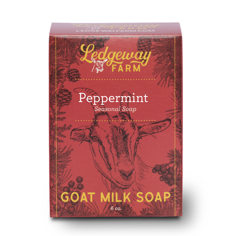 Red soap packaging with Ledgeway Farm branding on a white background