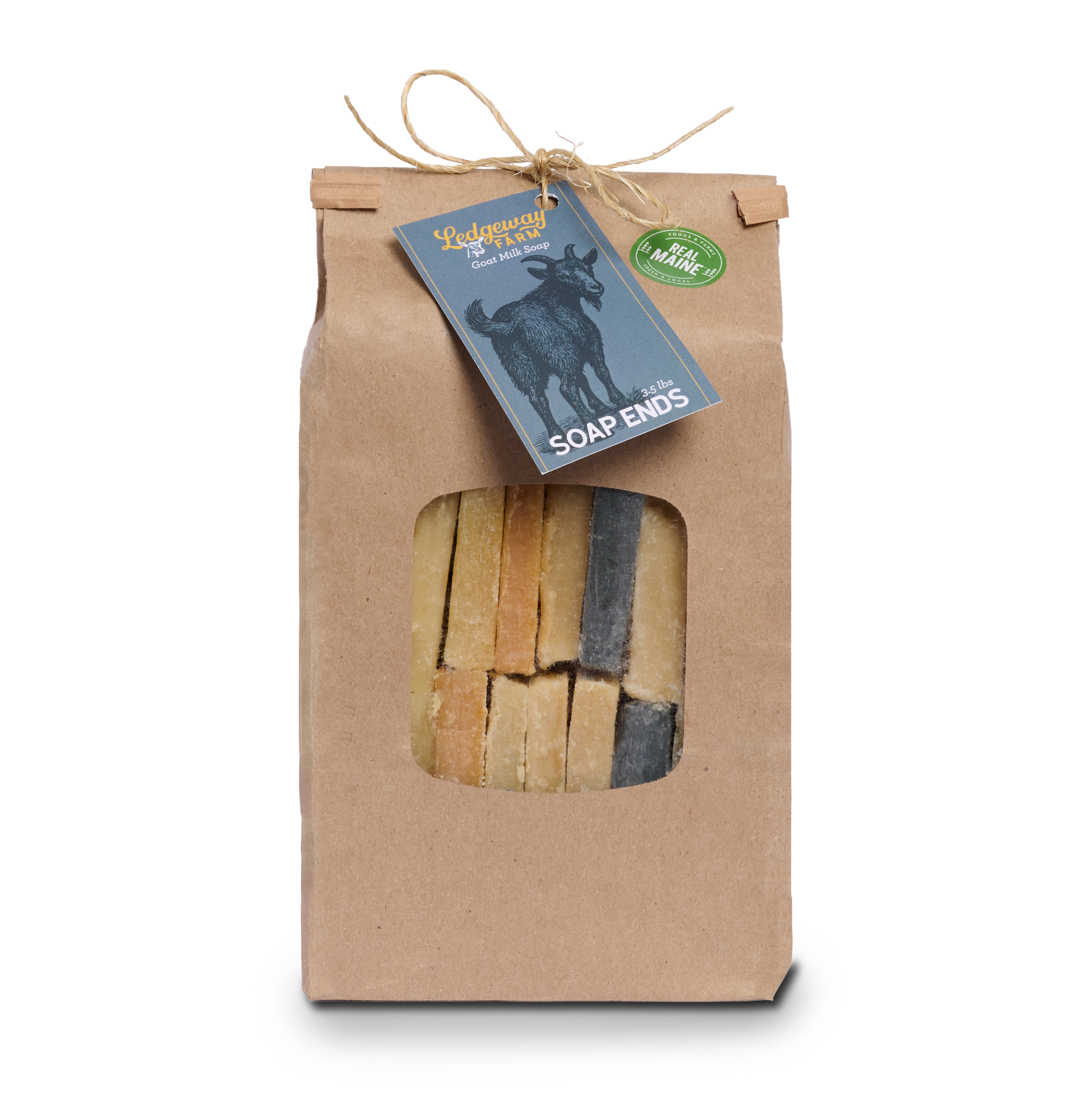 Package of soap ends with a window, featuring a goat label on a white background.