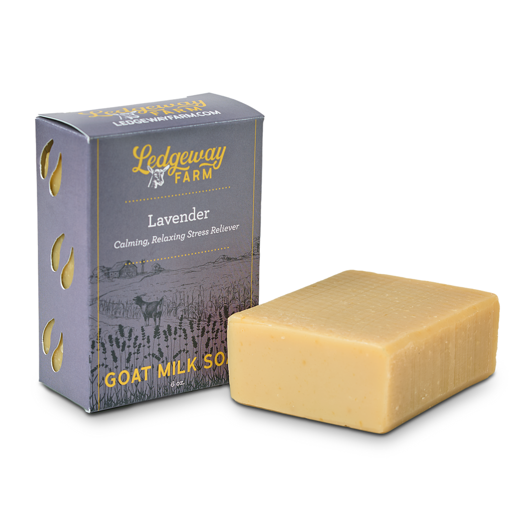 Lavender goat milk soap at an angle with purple packaging.