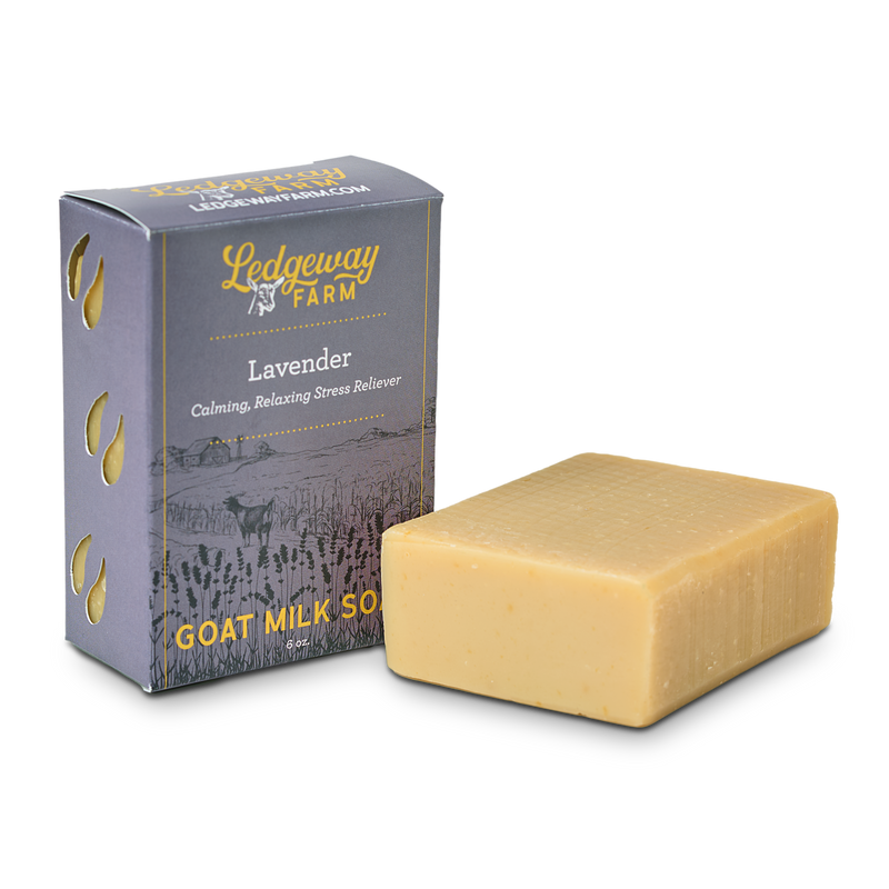 Lavender goat milk soap at an angle with purple packaging.