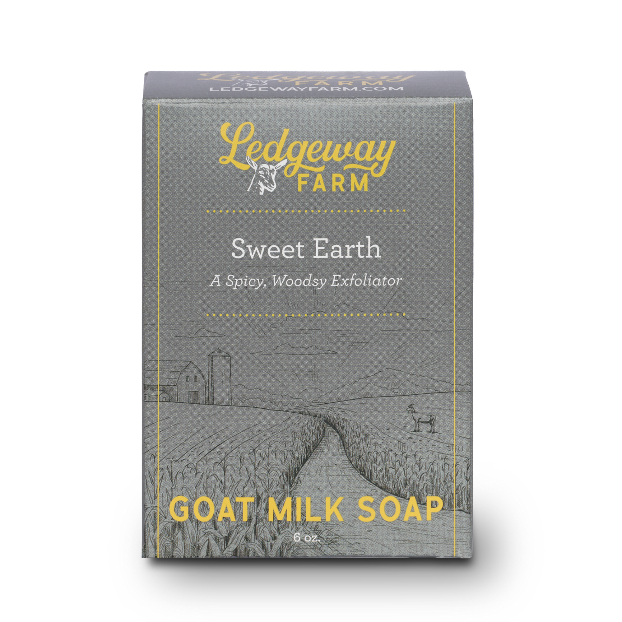 Ledgeway Farm Sweet Earth goat milk soap packaging on a white background