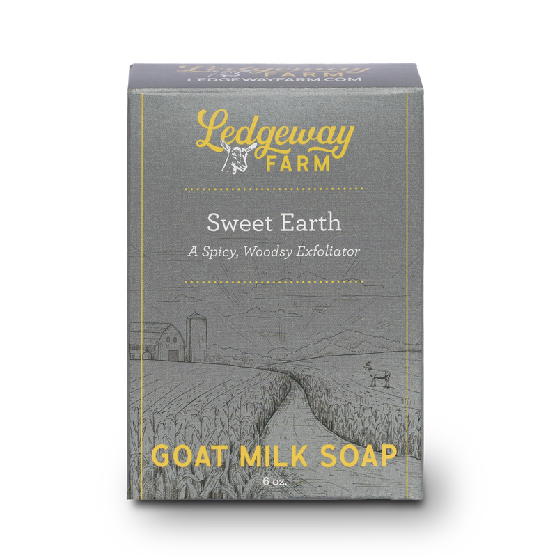 Ledgeway Farm Sweet Earth goat milk soap packaging on a white background