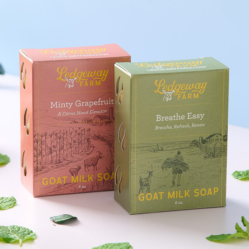 Two boxes of Ledgeway Farm goat milk soap with mint leaves on a light surface.