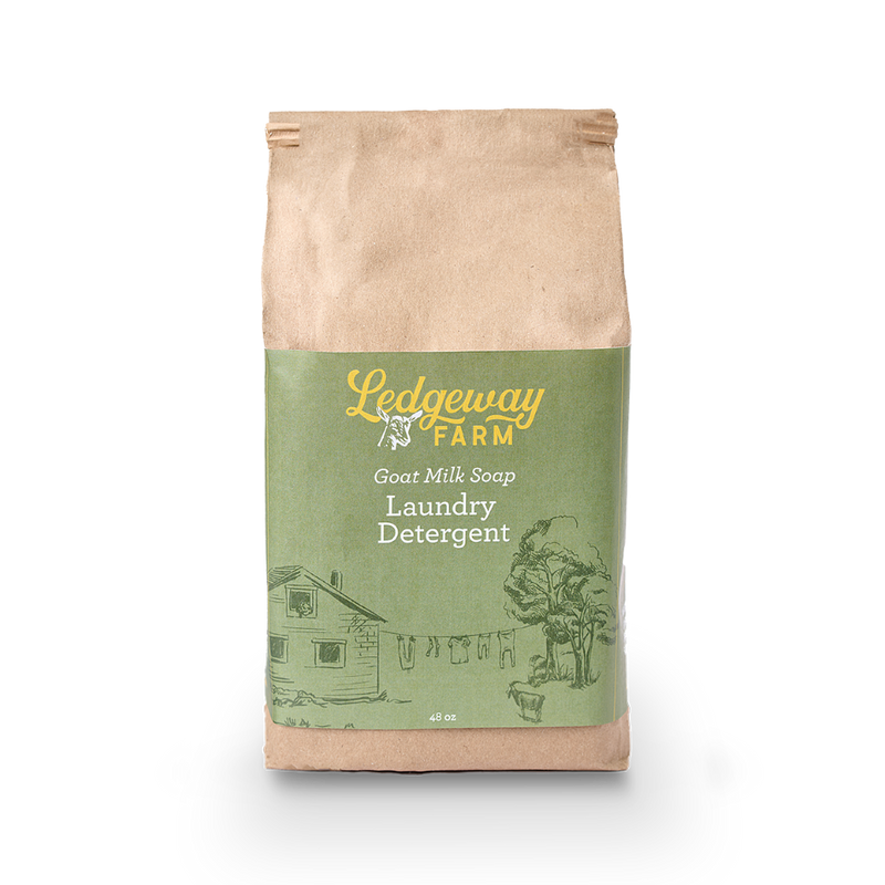 Bag of Ledgeway Farm laundry detergent with green label and brown bag on a white background
