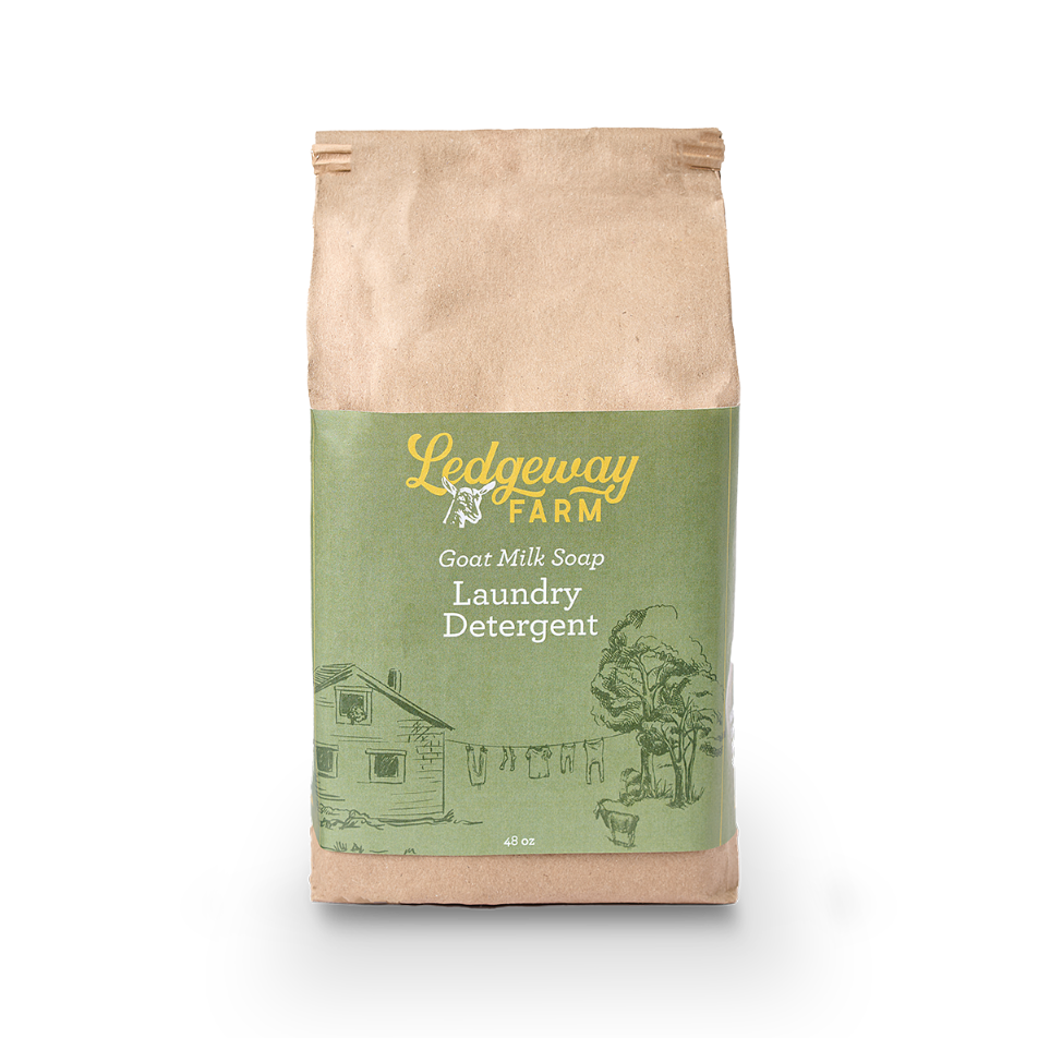 Bag of Ledgeway Farm laundry detergent with green label and brown bag on a white background