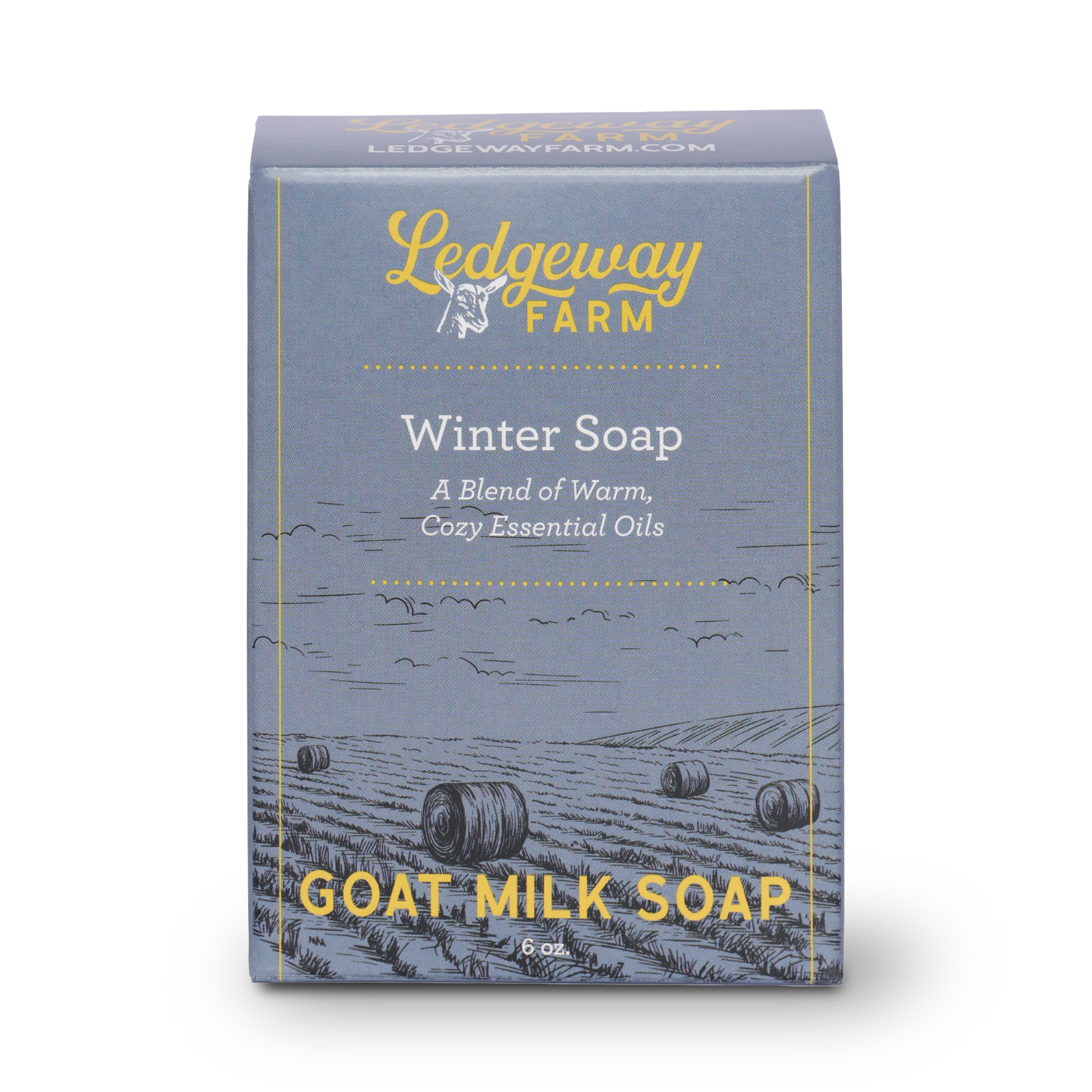 Ledgeway Farm goat milk soap packaging with a field and bales design on a white background