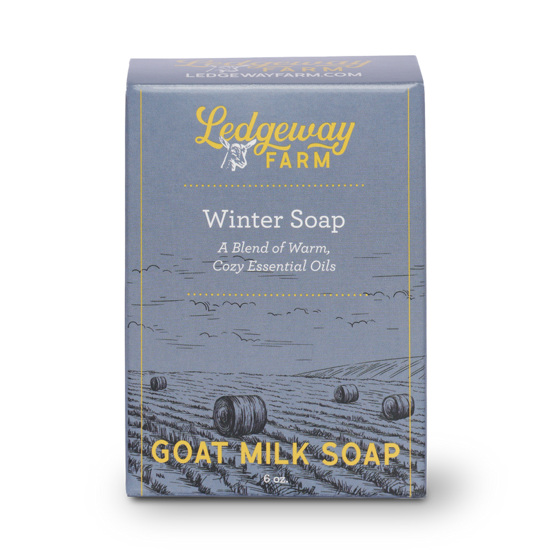 Ledgeway Farm goat milk soap packaging with a field and bales design on a white background