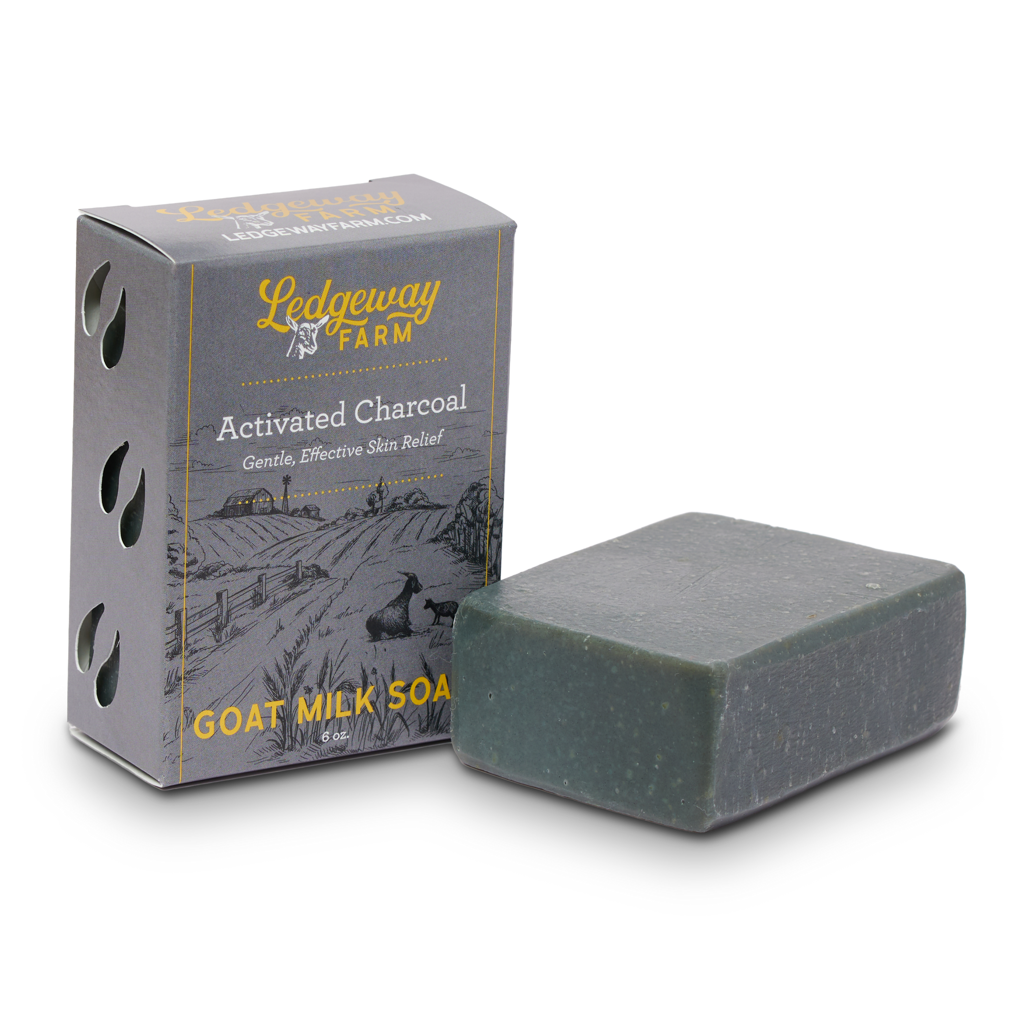 Ledgeway Farm activated charcoal goat milk soap with packaging on a white background