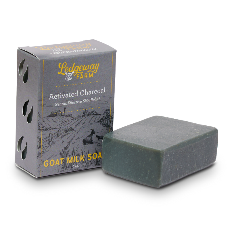 Ledgeway Farm activated charcoal goat milk soap with packaging on a white background