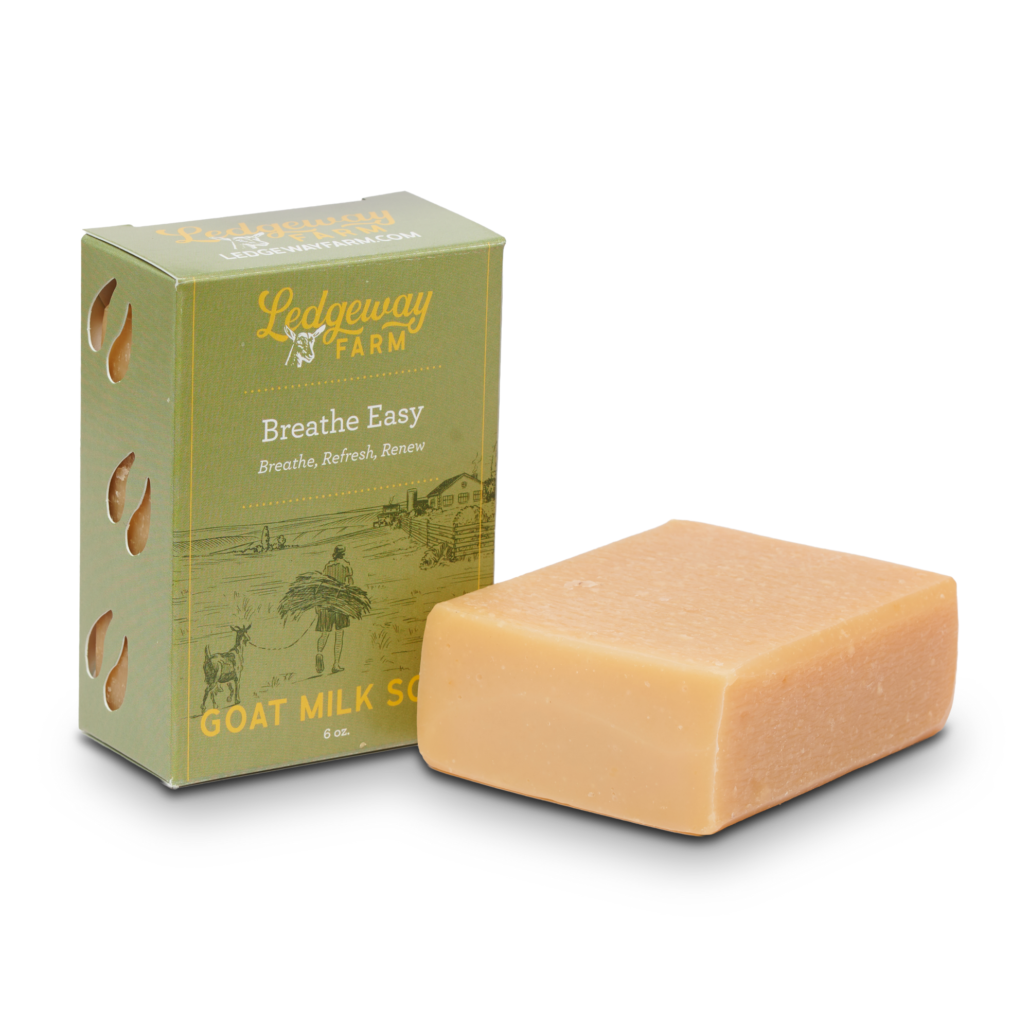 Ledgeway Farm Breathe Easy goat milk soap with packaging on a white background