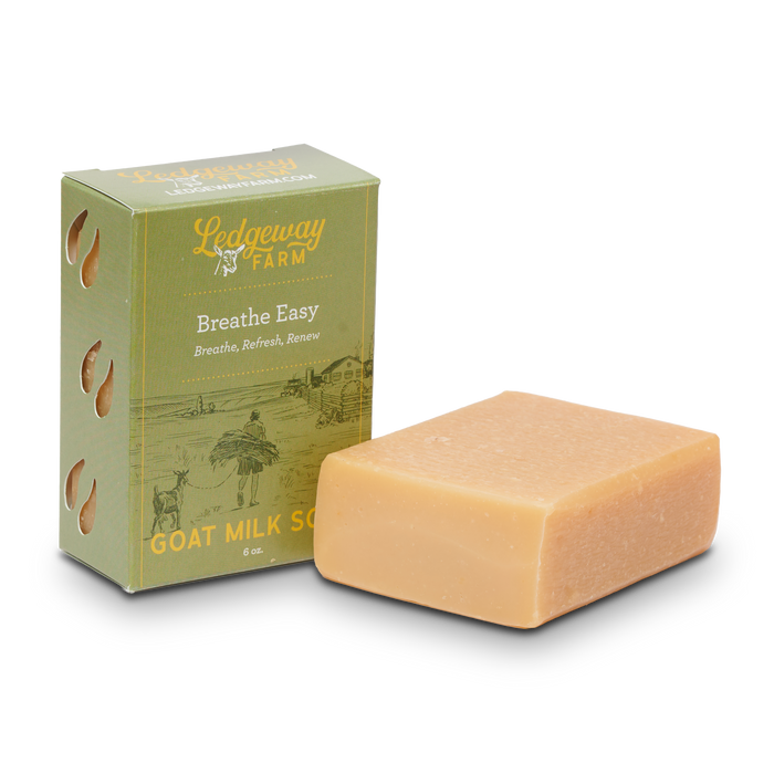 Ledgeway Farm Breathe Easy goat milk soap with packaging on a white background