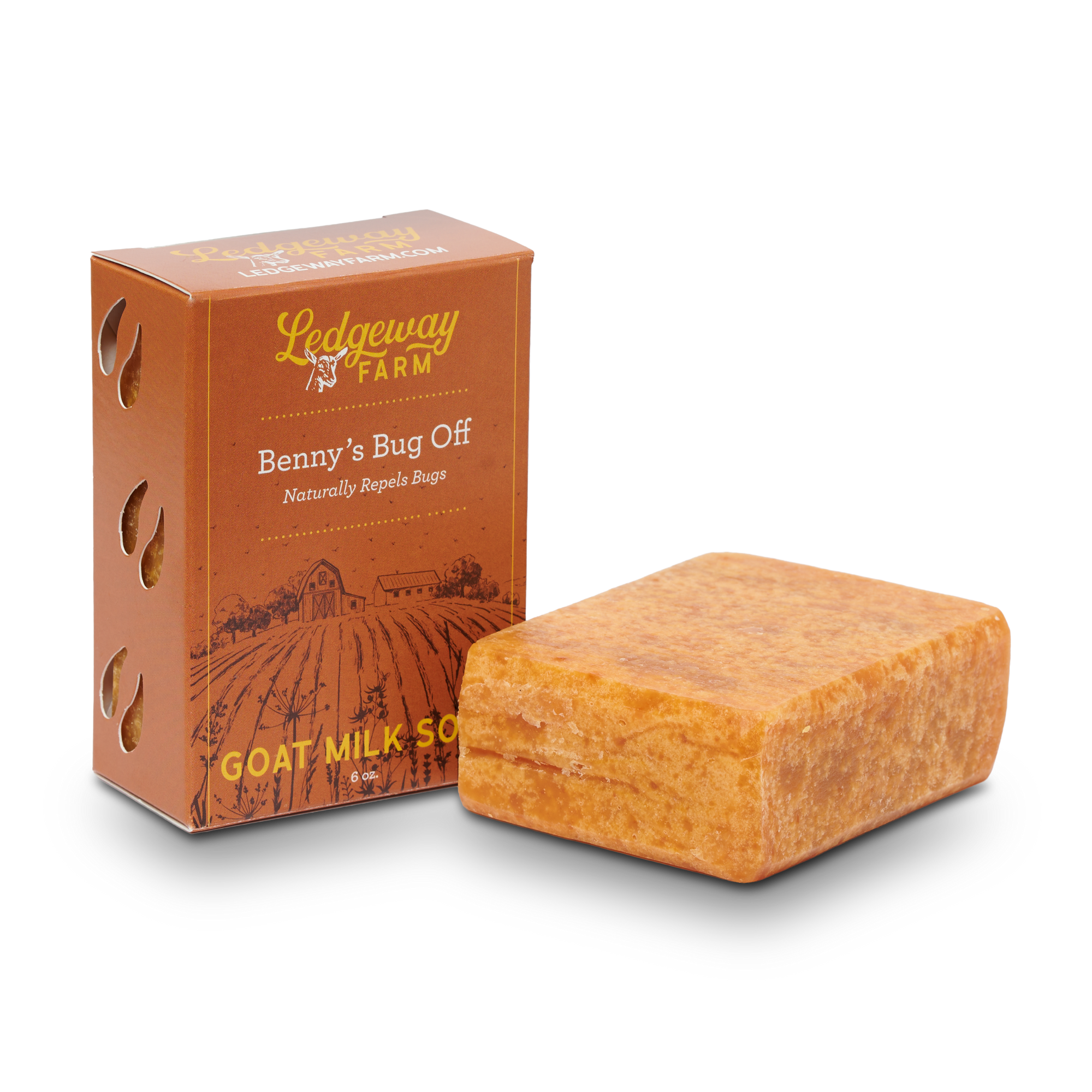 Goat milk soap bar and packaging with Ledderway Farm branding on a white background