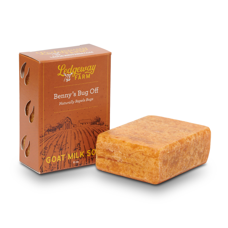 Goat milk soap bar and packaging with Ledderway Farm branding on a white background