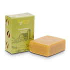 Bar of soap with a green box labeled 'Ledgewood Farm Lemongrass' on a white background