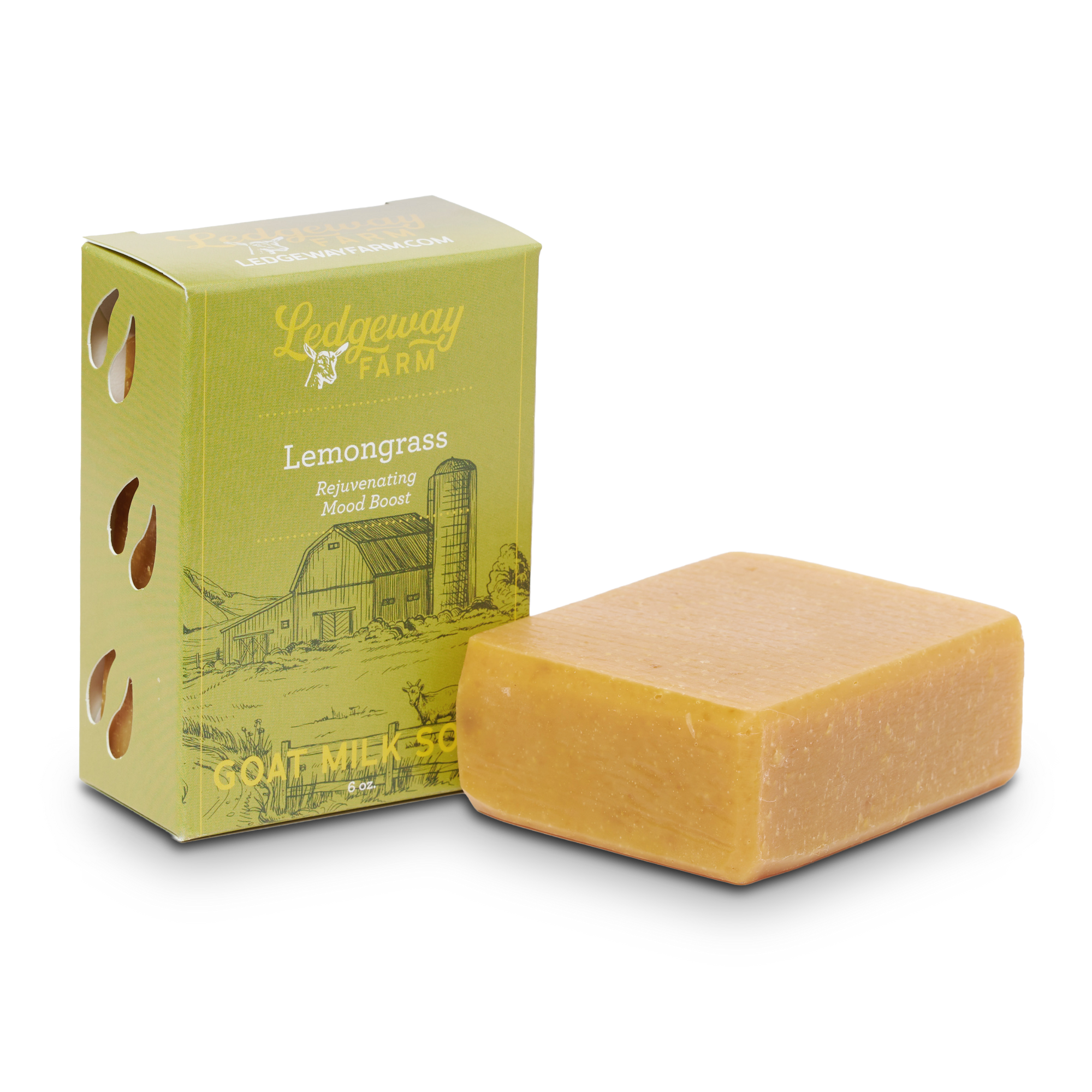 Bar of soap with a green box labeled 'Ledgewood Farm Lemongrass' on a white background