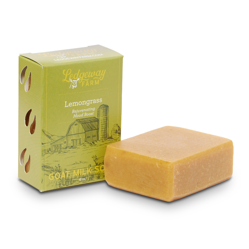 Bar of soap with a green box labeled 'Ledgewood Farm Lemongrass' on a white background
