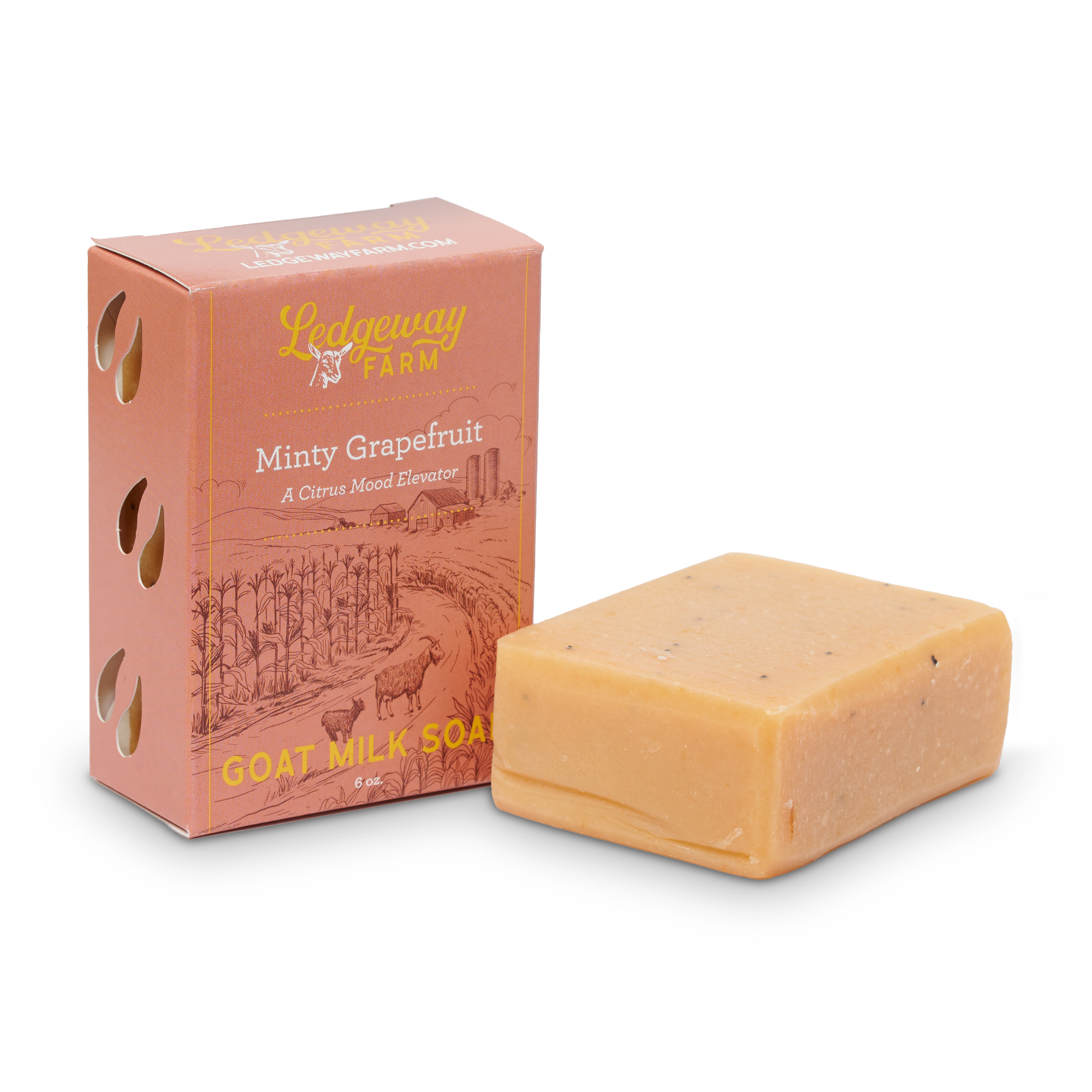 Goat milk soap with packaging labeled 'Minty Grapefruit' on a white background