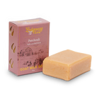 Goat milk soap with packaging labeled 'Patchouli' on a white background