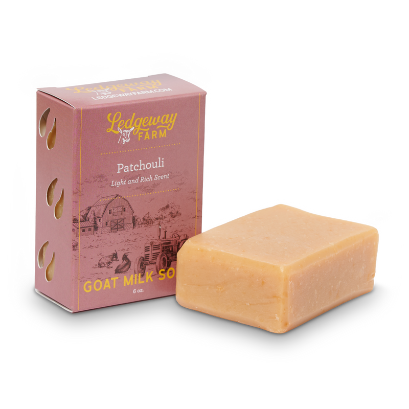Goat milk soap with packaging labeled 'Patchouli' on a white background