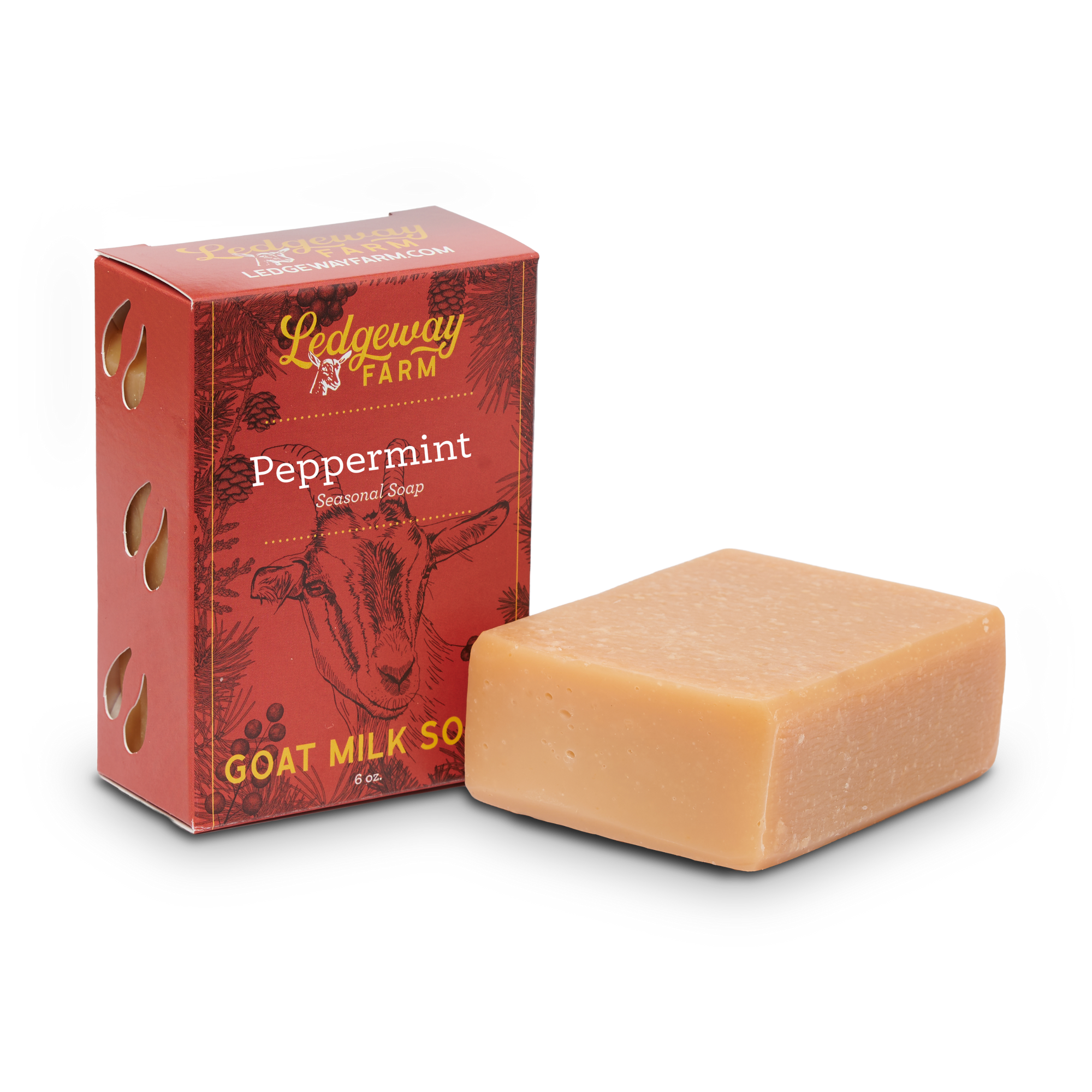 Ledgeway Farm peppermint goat milk soap with packaging on a white background.