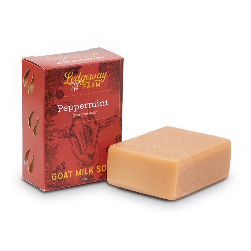 Ledgeway Farm peppermint goat milk soap with packaging on a white background.