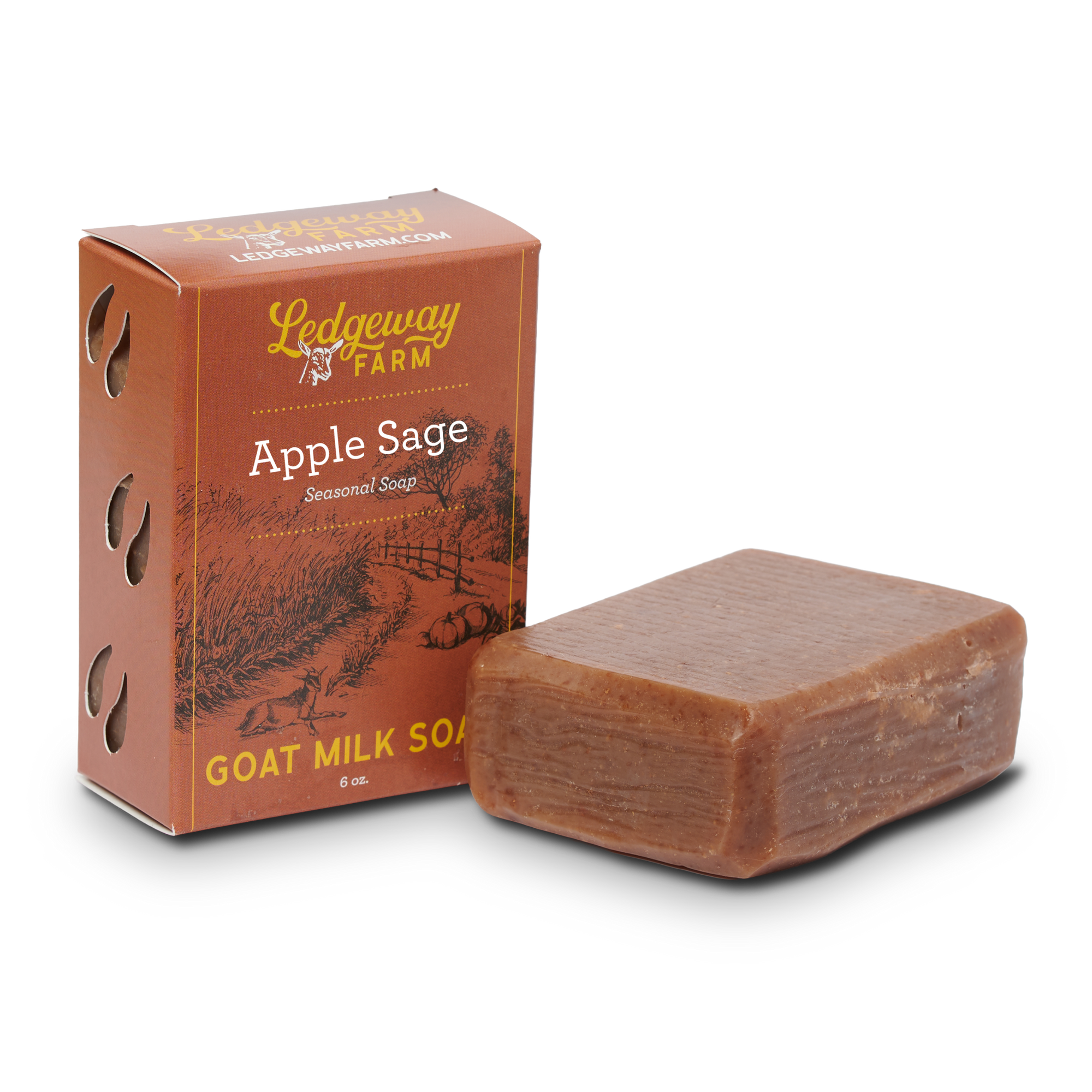 Ledgeway Farm Apple Sage goat milk soap with packaging on a white background