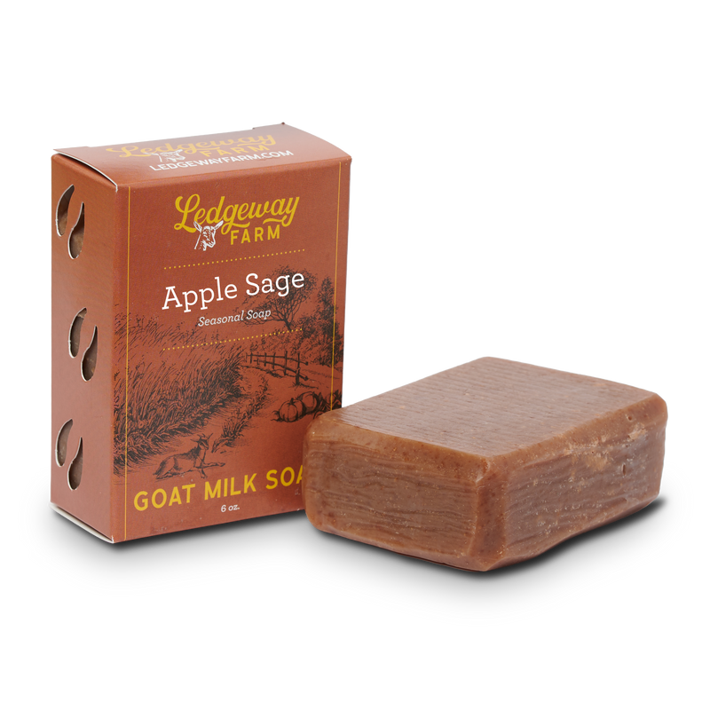 Ledgeway Farm Apple Sage goat milk soap with packaging on a white background