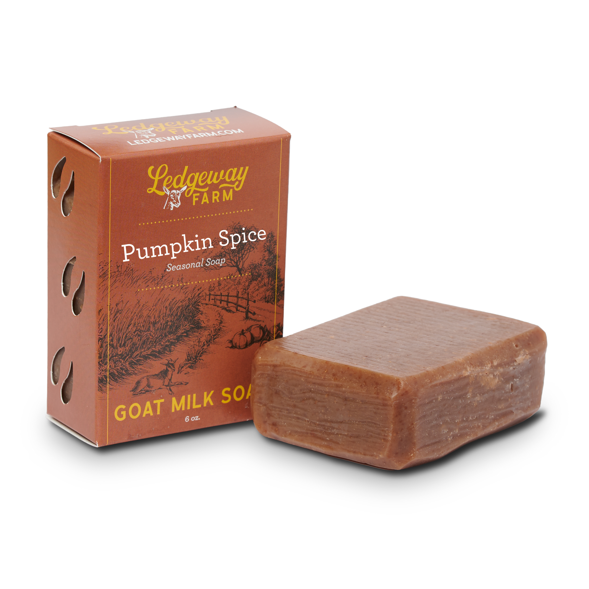 Ledgeway Farm Pumpkin Spice goat milk soap with packaging on a white background