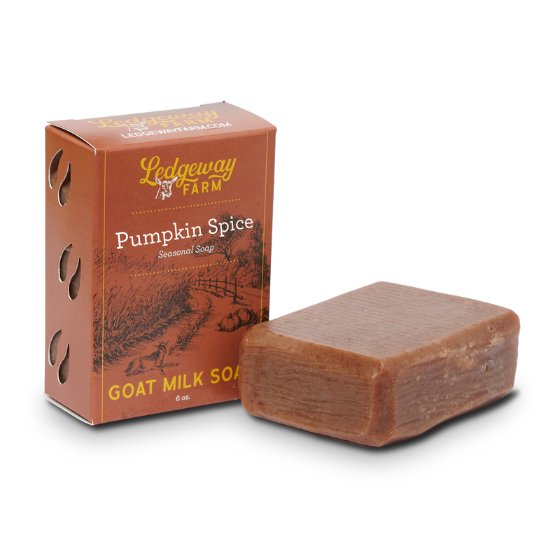 Ledgeway Farm Pumpkin Spice goat milk soap with packaging on a white background