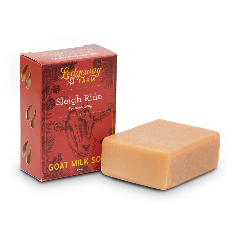 Ledgeway Farm sleigh ride goat milk soap with packaging on a white background