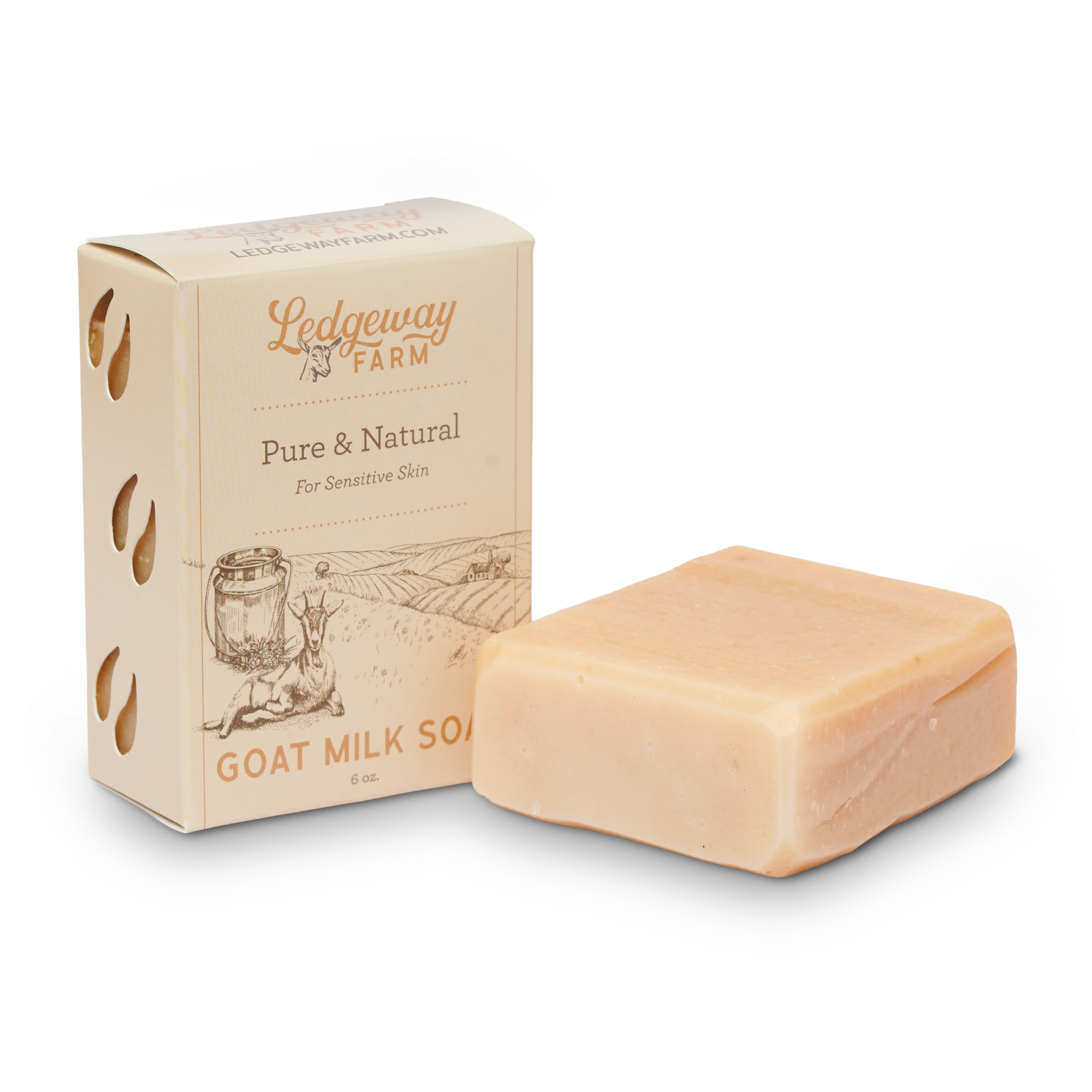 Ledgeway Farm goat milk soap bar and packaging on a white background