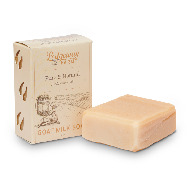 Ledgeway Farm goat milk soap bar and packaging on a white background