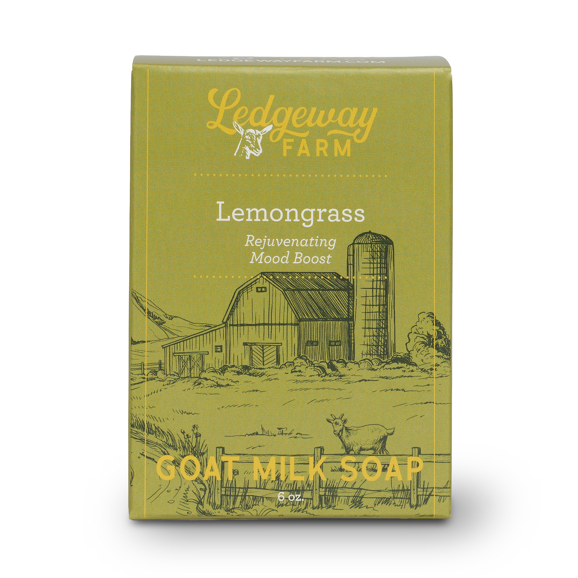 Ladgeway Farm Lemongrass goat milk soap packaging on a white background