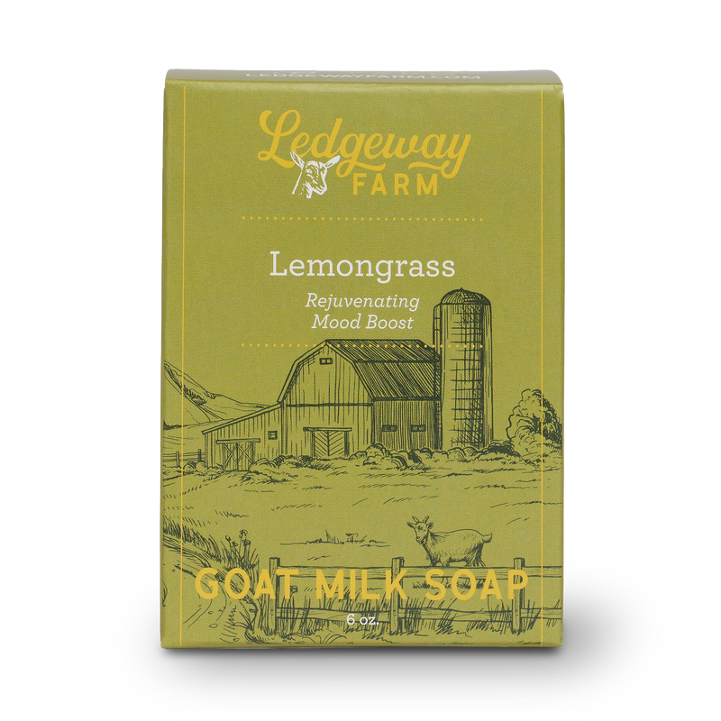Ladgeway Farm Lemongrass goat milk soap packaging on a white background