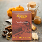 Ledgeway Farm Pumpkin Spice goat milk soap packaging with pumpkins and spices in the background