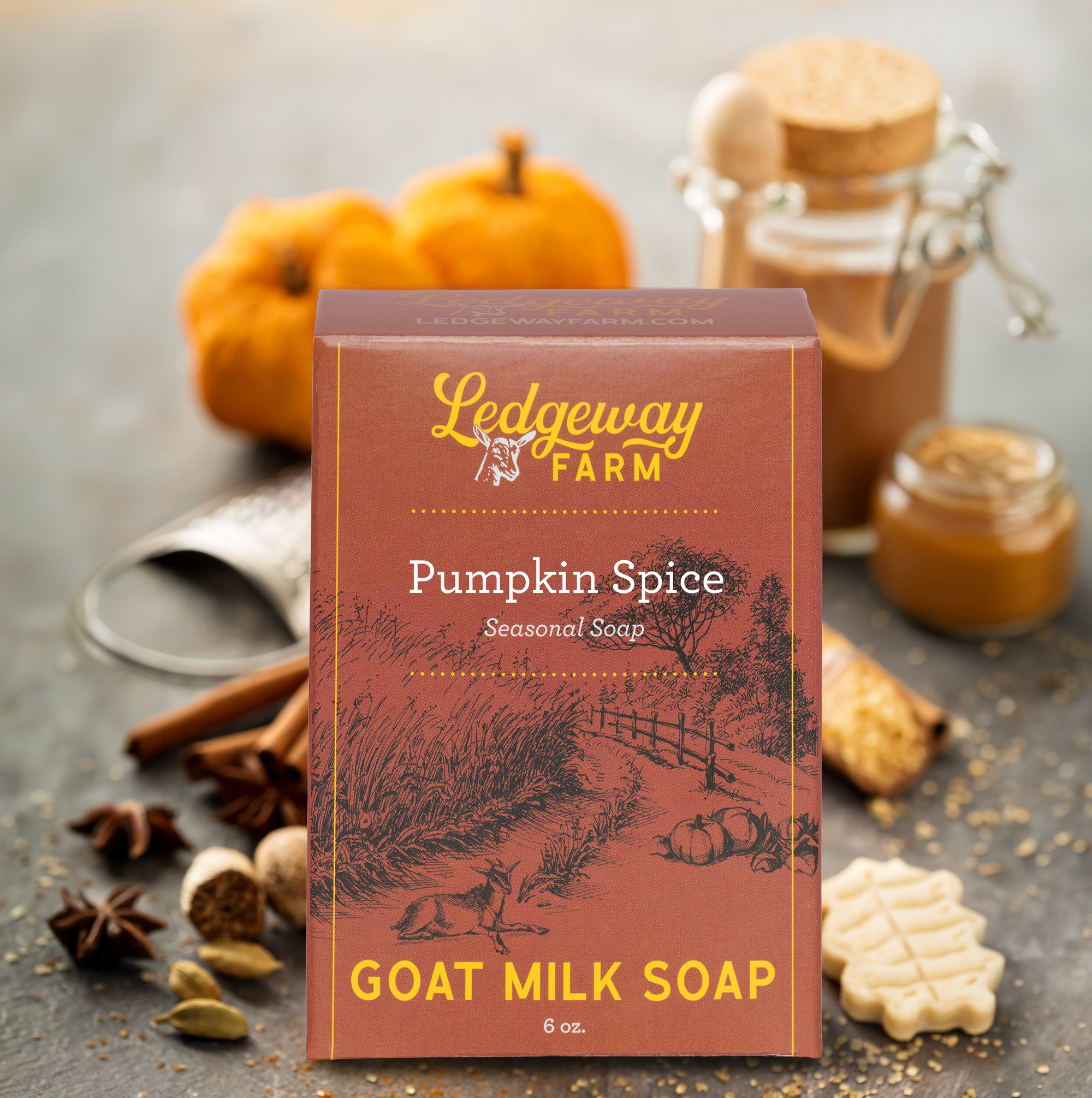 Ledgeway Farm Pumpkin Spice goat milk soap packaging with pumpkins and spices in the background